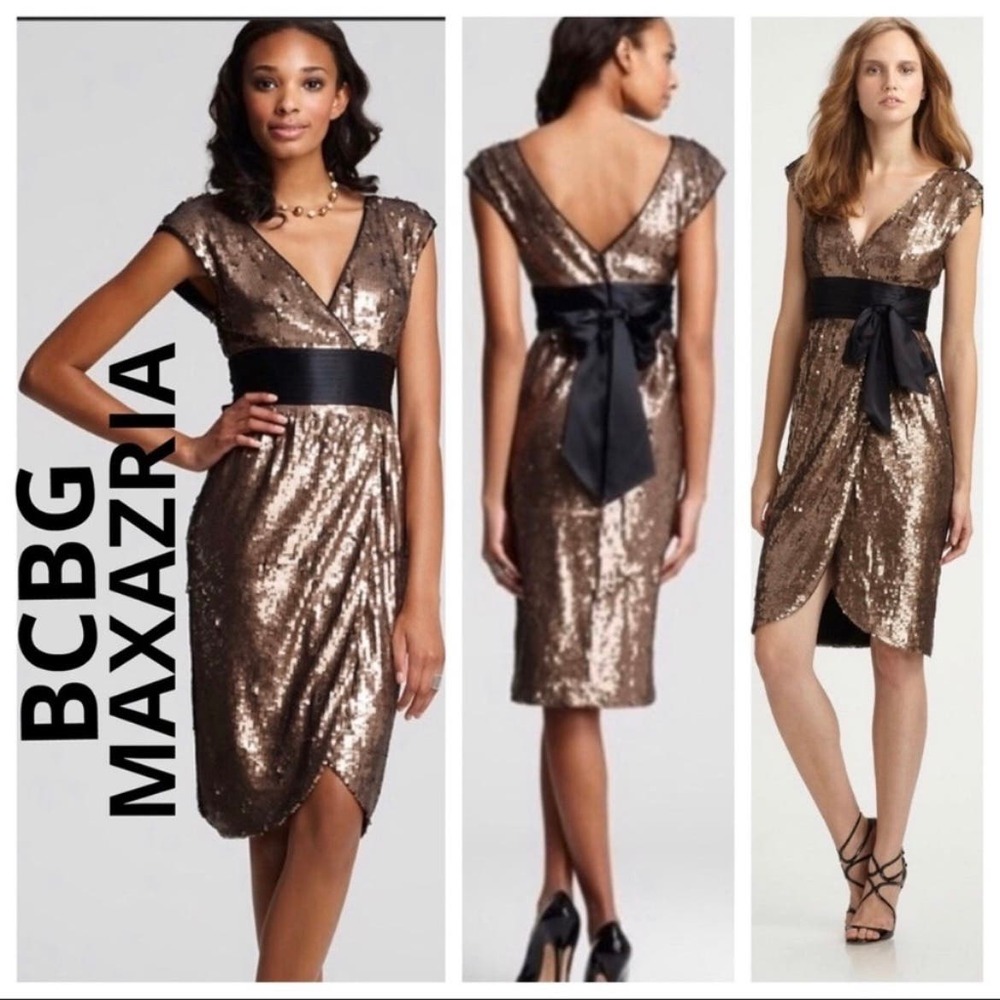 BCBGMaxAzria NWOT Reeve Double V-Neck Metallic Copper Sequin Silk Dress XS